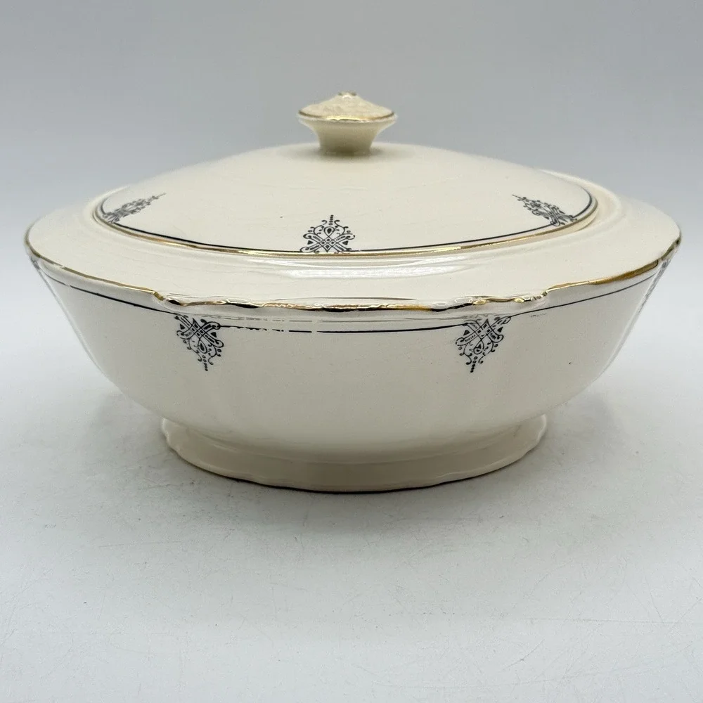VTG 1940's Crown Potteries Co Covered Dish‎ - Vegetable Bowl - Gold Trim -